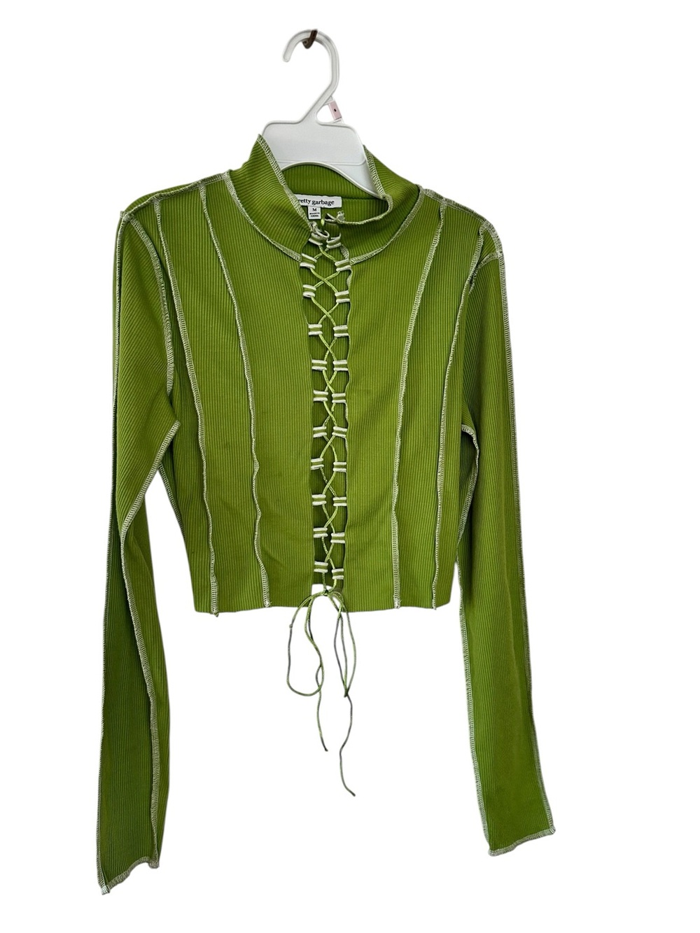 Free People Lime Green Lace-Up Ribbed Long Sleeve Top